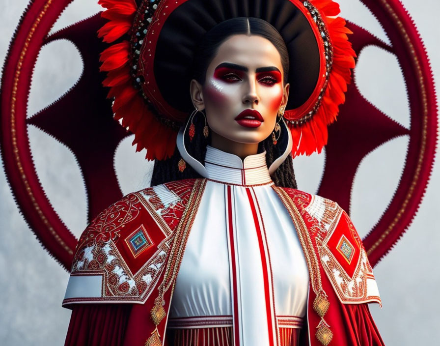 Woman in Red and White Costume with Elaborate Headgear and Makeup posing artistically