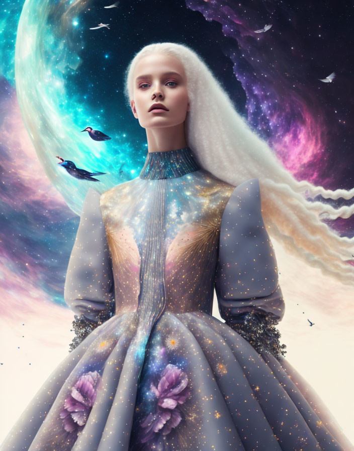 Surreal portrait of woman in cosmic attire with moon, birds, and nebulae