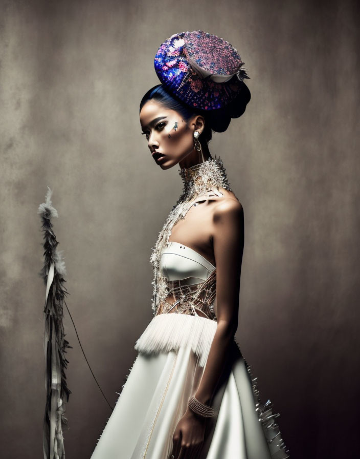 Elegant woman in ornate turban and white fringe dress with statement jewelry