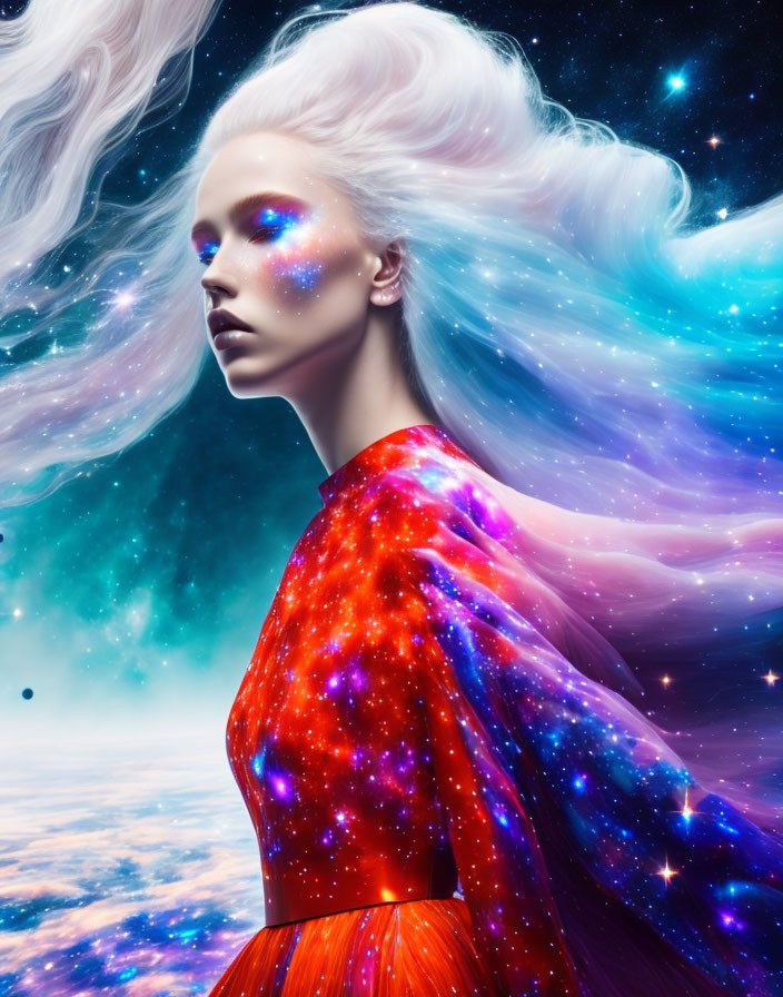 Cosmic-themed portrait of woman with white hair in red star-speckled dress
