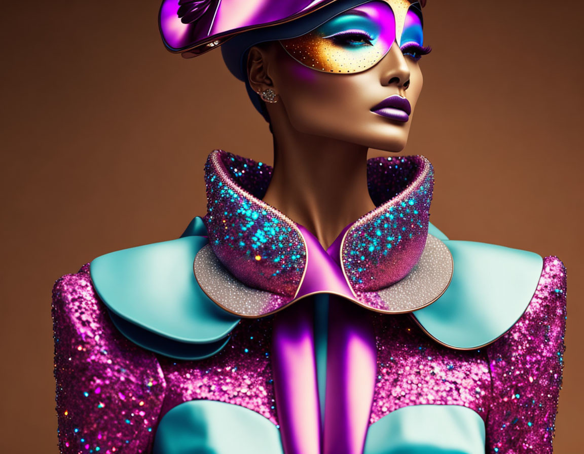 Vibrant Artistic Makeup and Futuristic Outfit with Glitter Accents