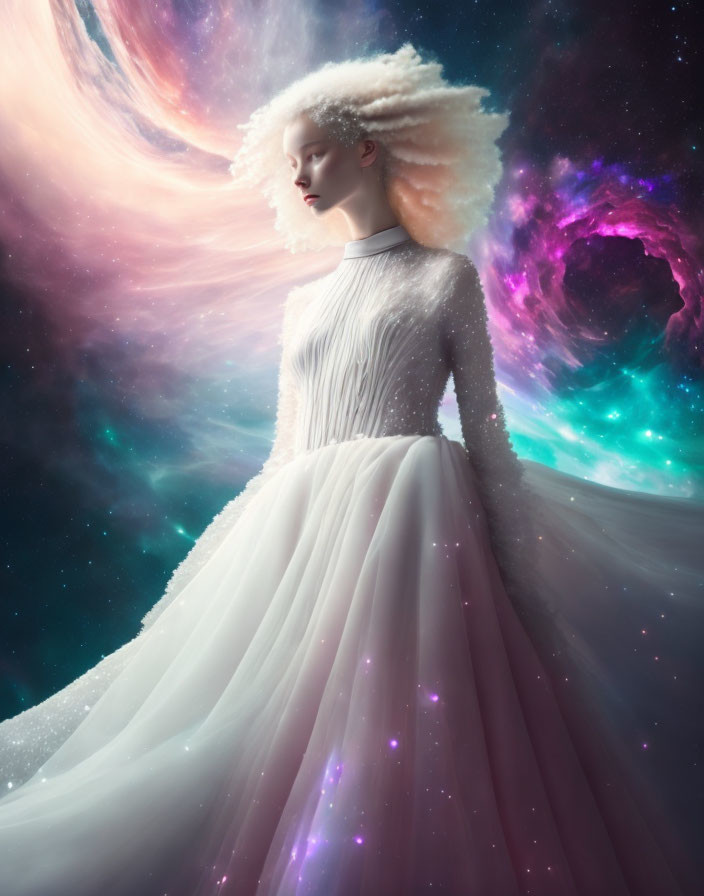 Alabaster-skinned person in elegant white gown against cosmic backdrop