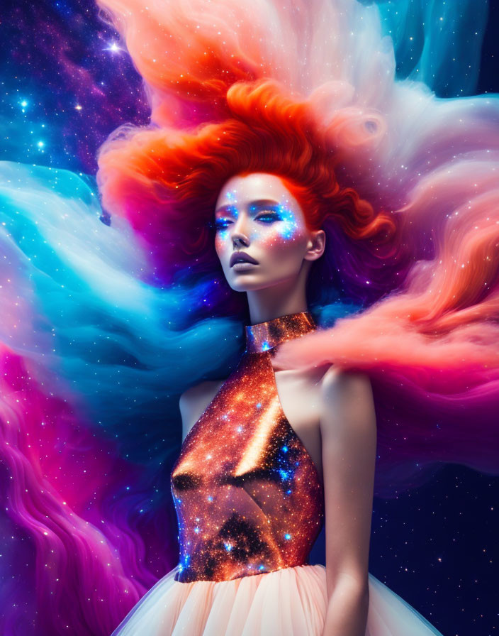 Vibrant red-haired woman in galaxy dress against starry space backdrop