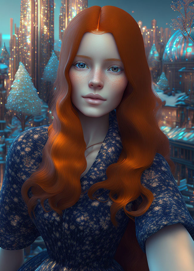 Digital portrait of woman with red hair and blue eyes in blue dress against futuristic cityscape.