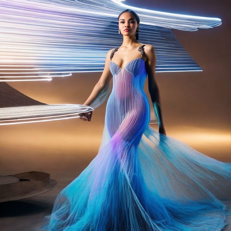 Woman in Blue Gradient Gown with Dynamic Light Streaks