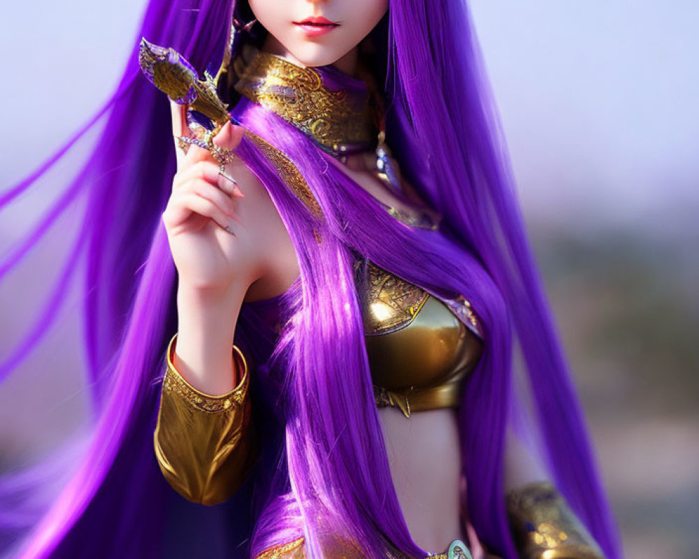 Purple-Haired Doll in Golden Armor with Sword - Fantasy Warrior Aesthetic