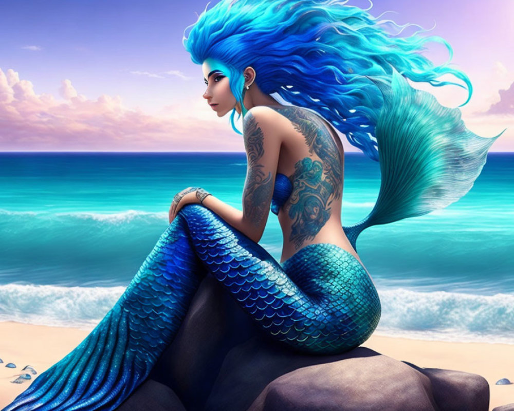 Colorful Mermaid Illustration with Blue Hair and Tail by Calm Sea