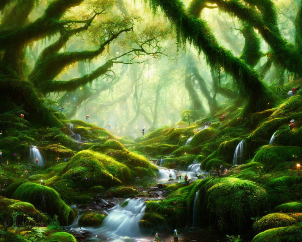 Lush forest with moss-covered trees and gentle stream in sunlight