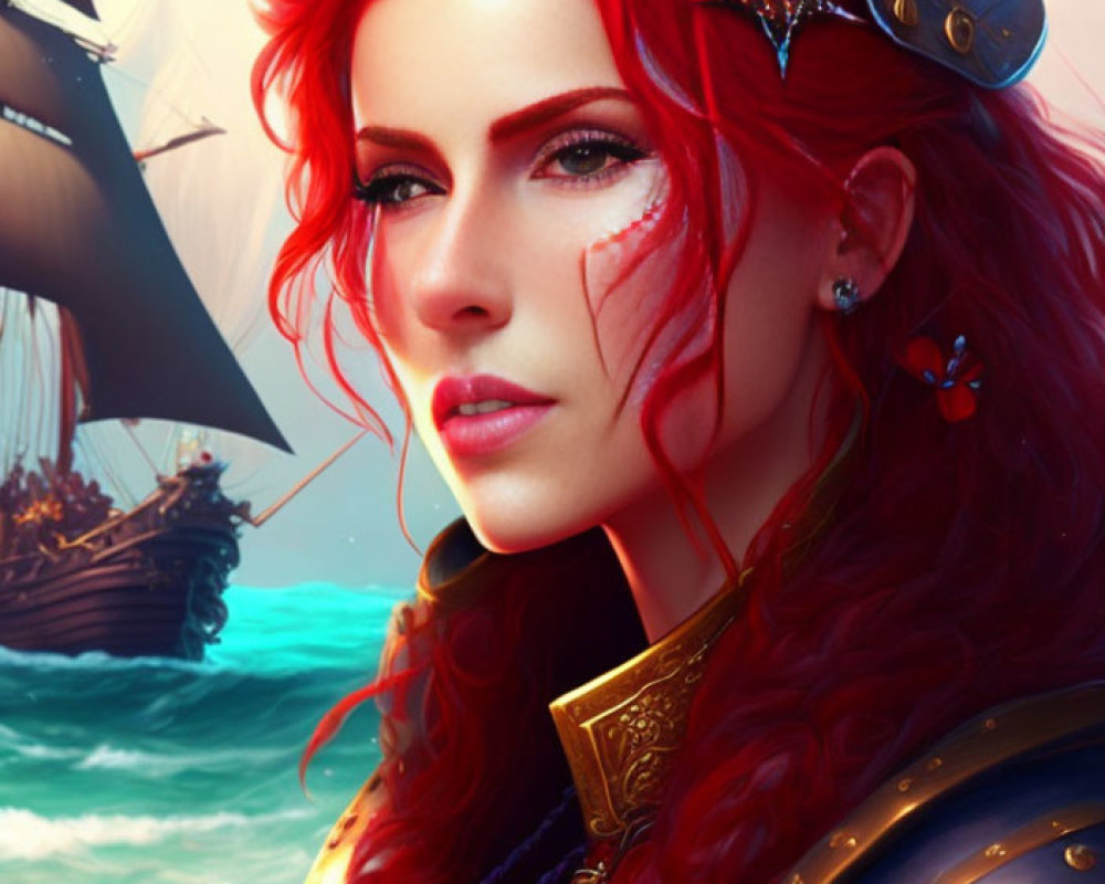 Woman with Red Hair and Armor by the Sea with Ships in Background