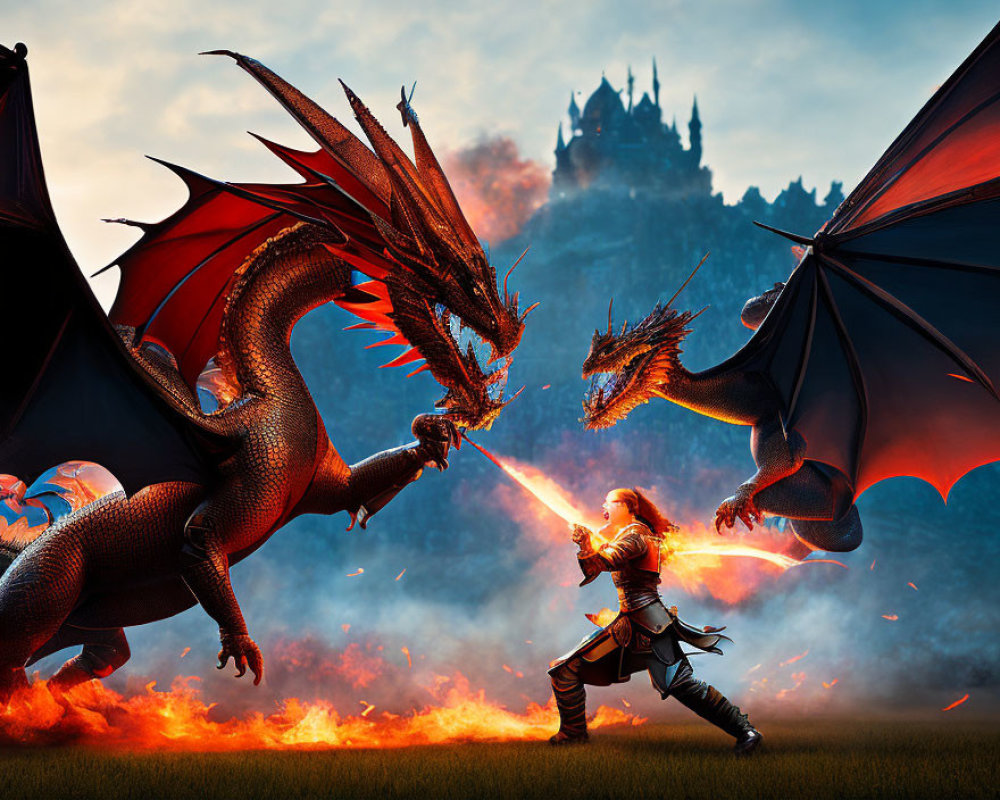 Warrior confronts two fire-breathing dragons near castle.