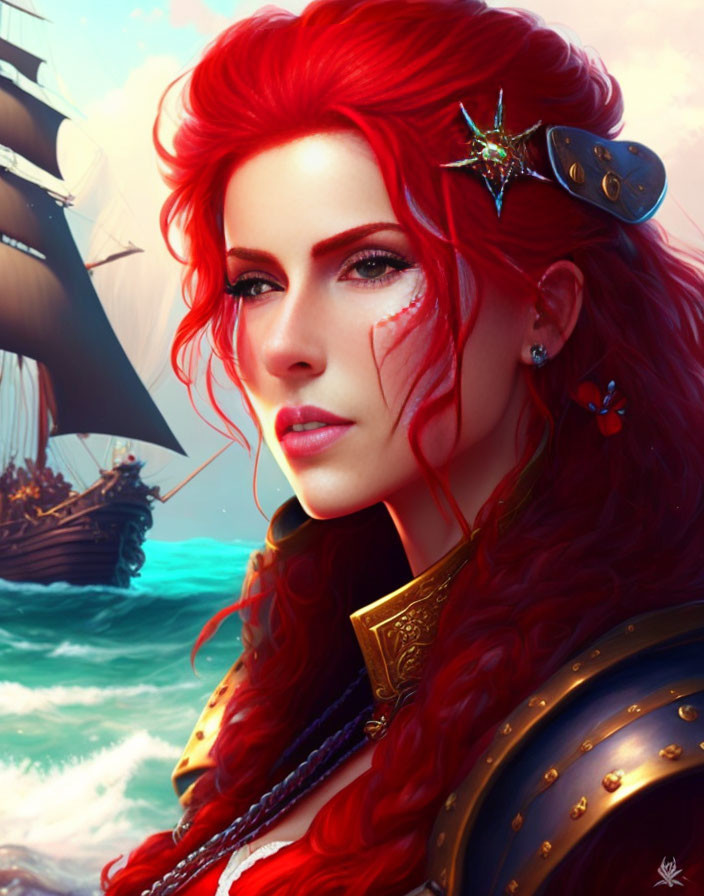 Woman with Red Hair and Armor by the Sea with Ships in Background