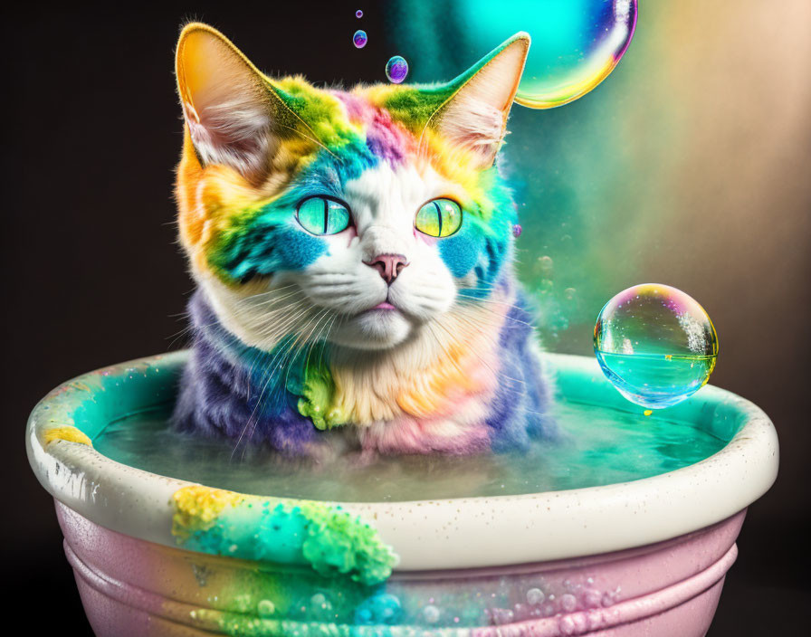 Colorful Rainbow Cat with Blue Eyes Observing Bubbles in Basin