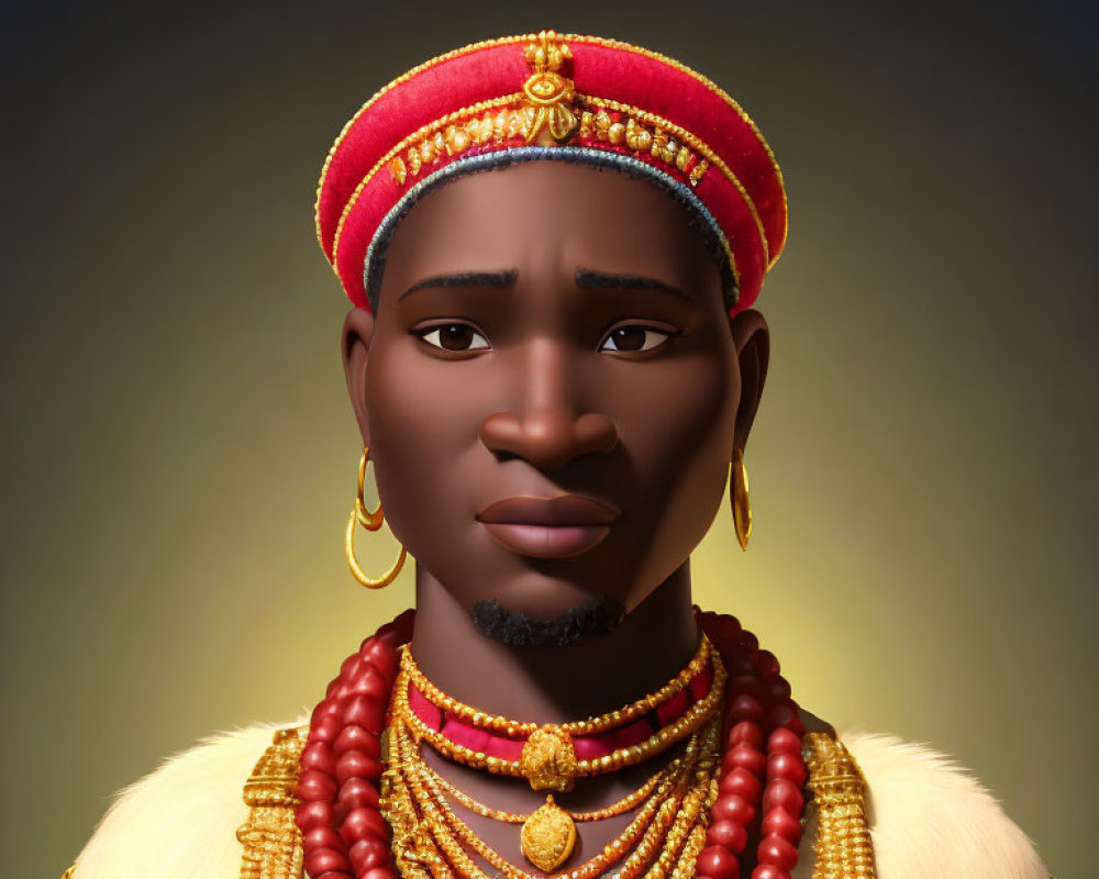 3D illustration of man in traditional attire with solemn expression