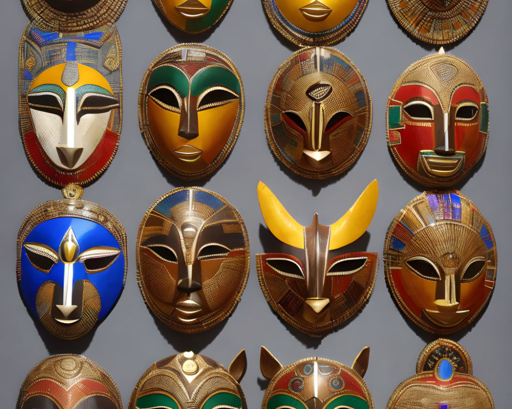 Symmetrical metallic masks with abstract features on gray wall