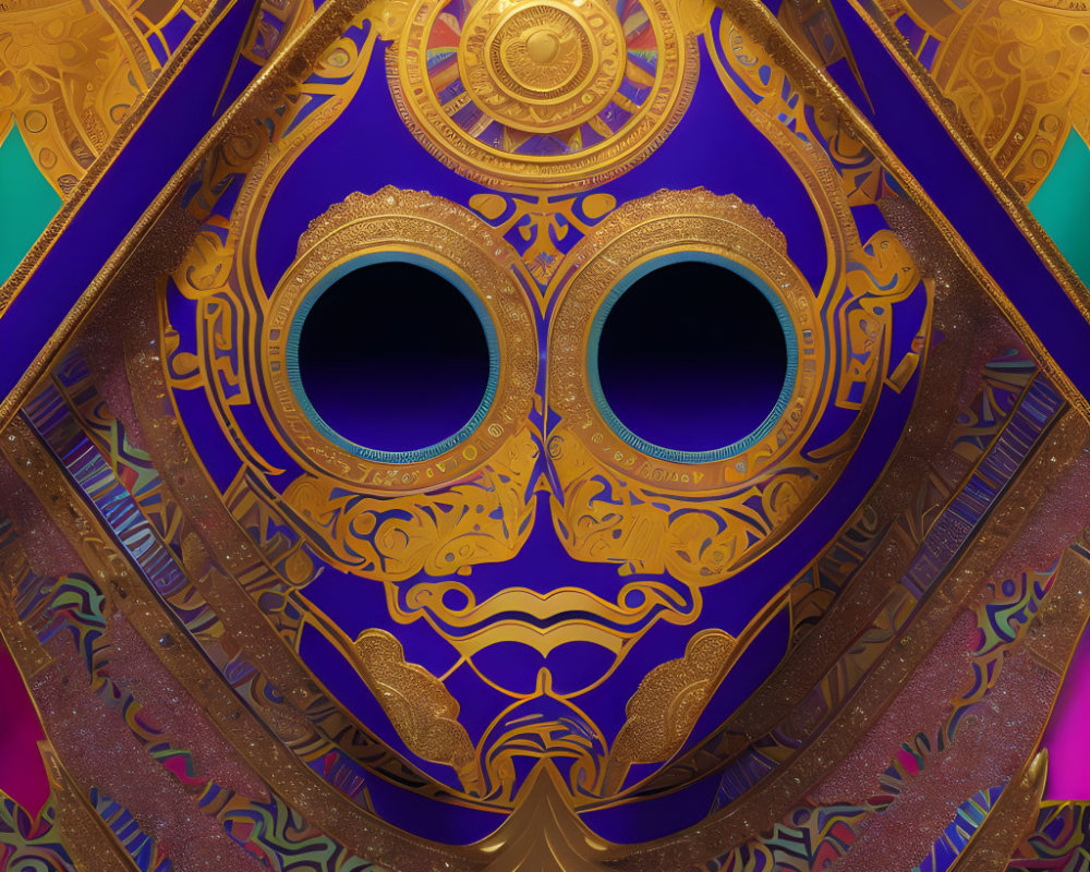 Intricate Gold, Purple, and Blue Mask with Eye Design