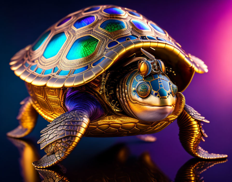Mechanical turtle digital artwork with golden shell and gears on purple-blue gradient.