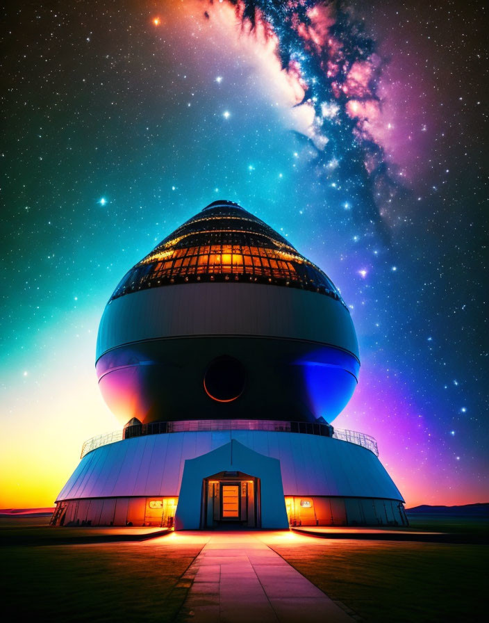 Futuristic observatory under vibrant starry sky with colorful nebula