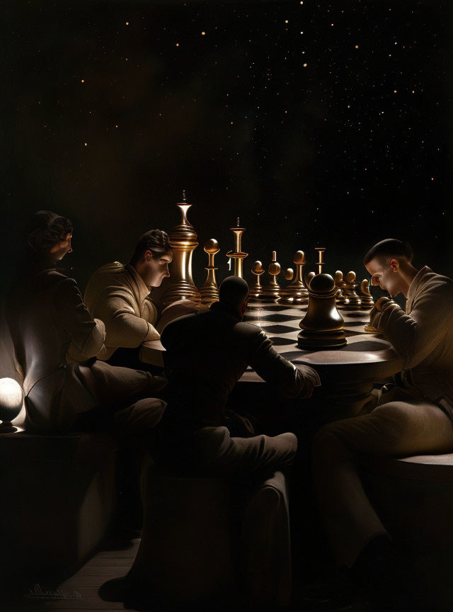 Four individuals playing oversized chess in dimly lit room under starry sky.