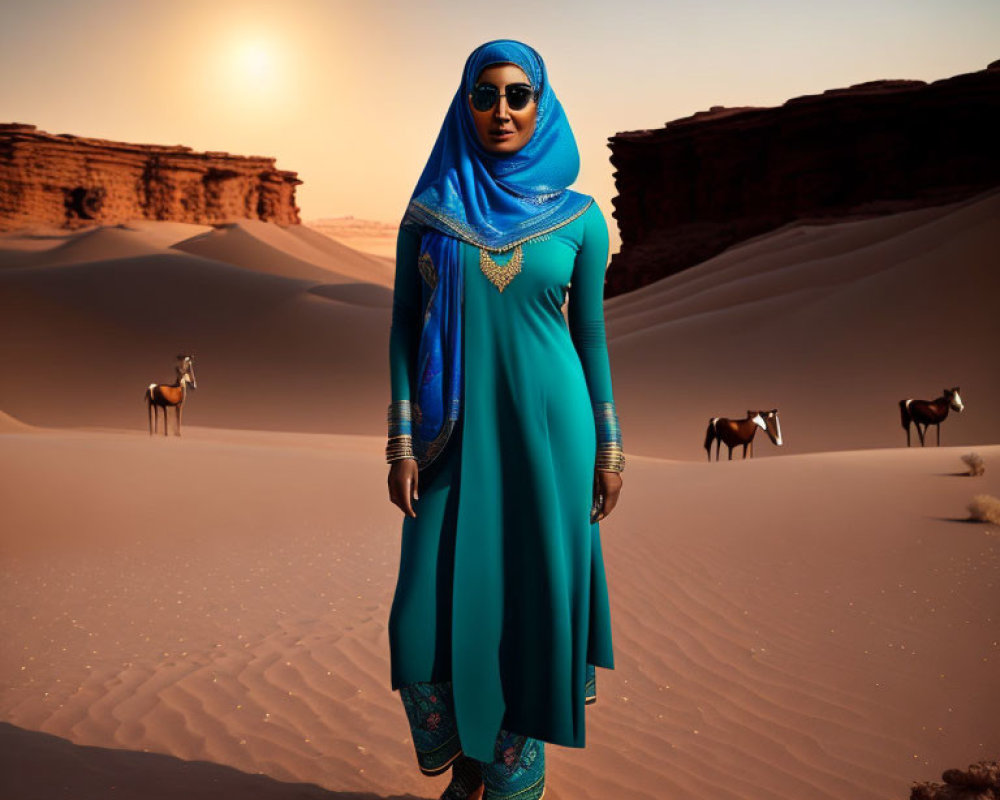 Traditional Blue Attire Woman in Desert at Sunset