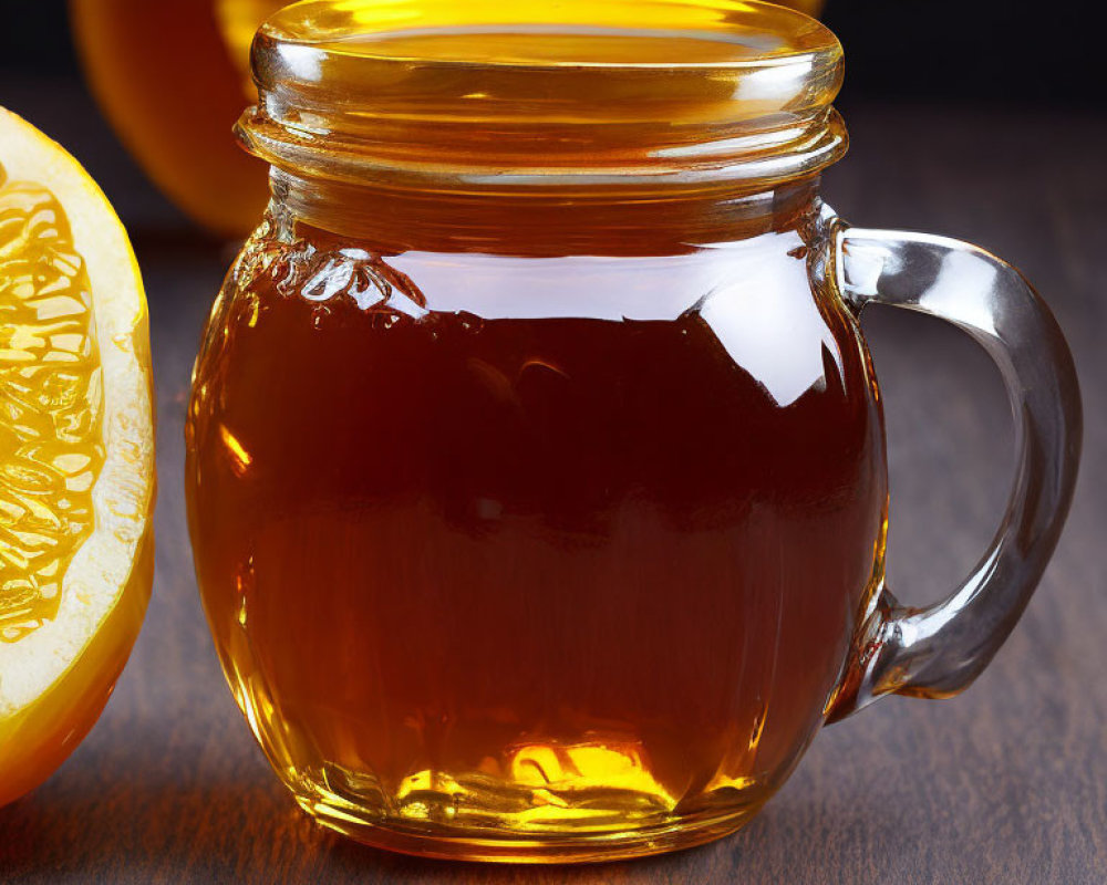 Glass jar with honey and handle next to cut orange on wooden surface