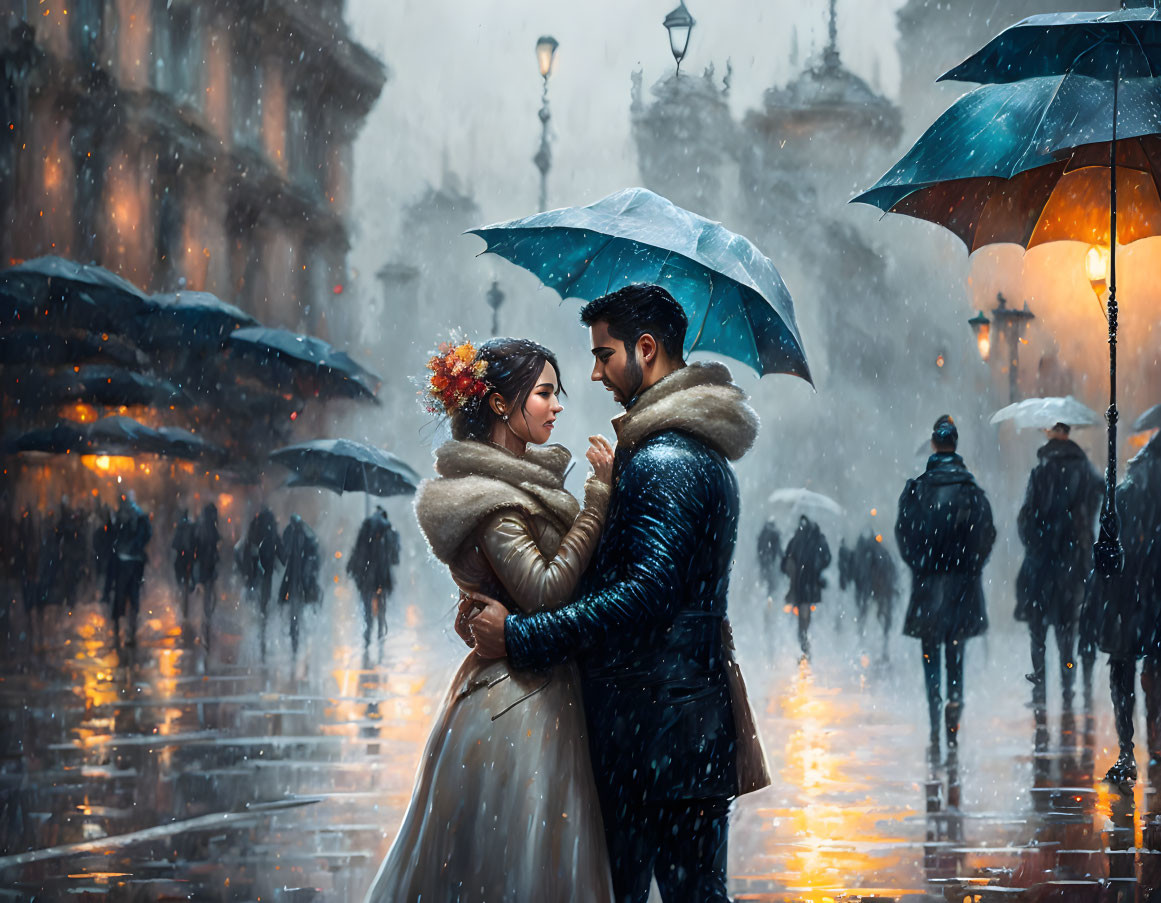 Couple under umbrella on snowy city street with blurred pedestrians