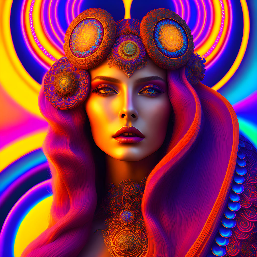 Colorful digital artwork of woman with long wavy hair and golden patterns on psychedelic background
