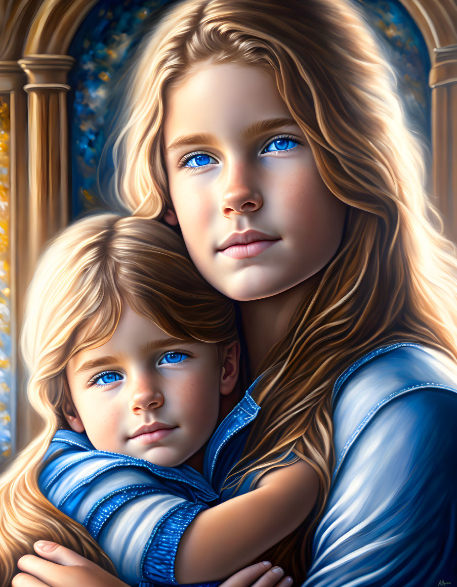 Two girls with blue eyes and blond hair embrace by stained glass windows