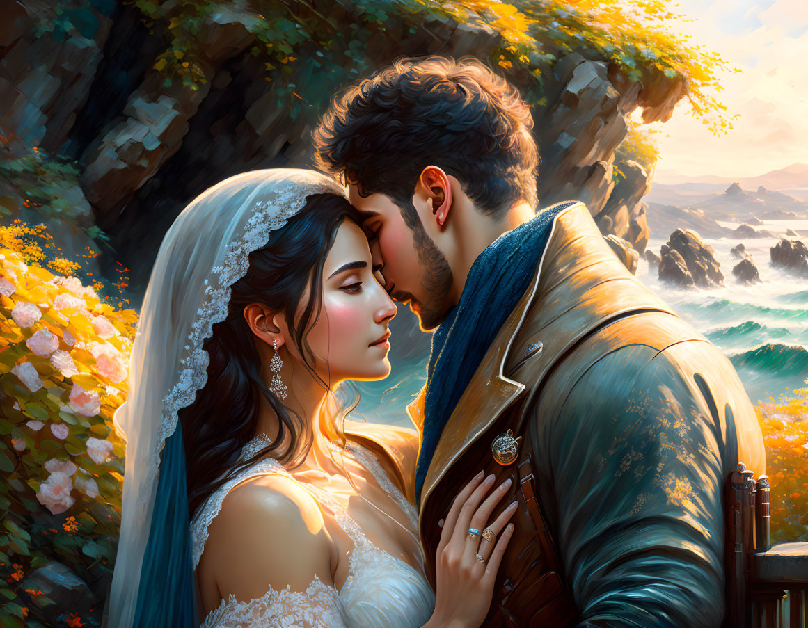 Bride and groom embrace in scenic sunset wedding backdrop
