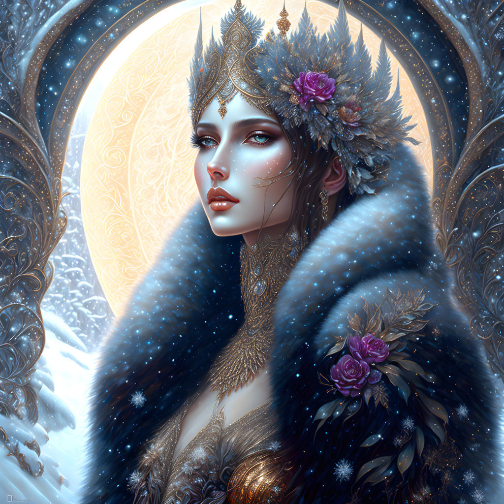 Fantasy figure in fur-trimmed cloak with floral details on circular backdrop