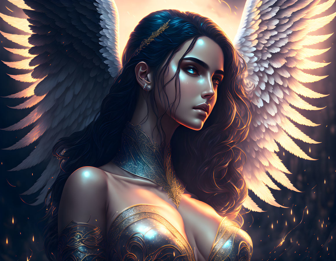 Serene female figure with angelic wings and golden armor on glowing background