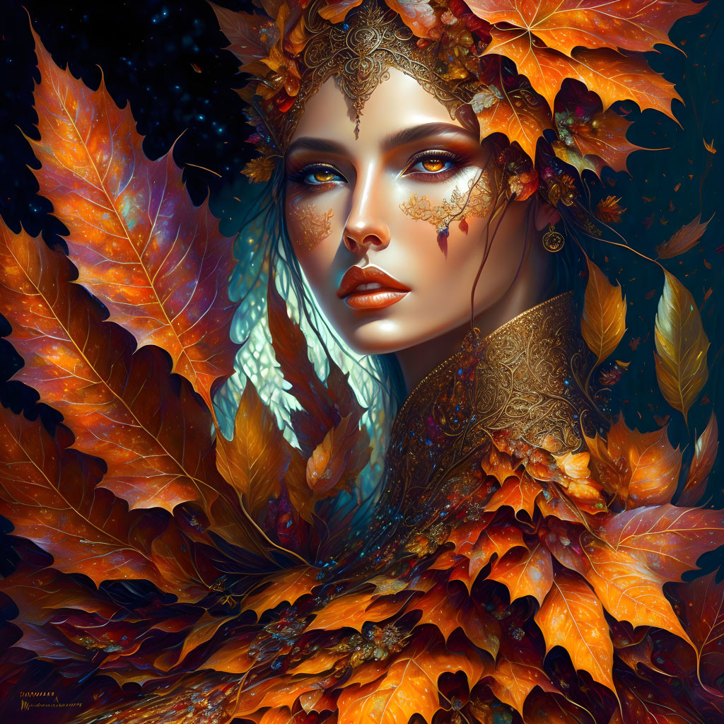 Portrait of woman adorned with autumn leaves and golden embellishments in mystical setting
