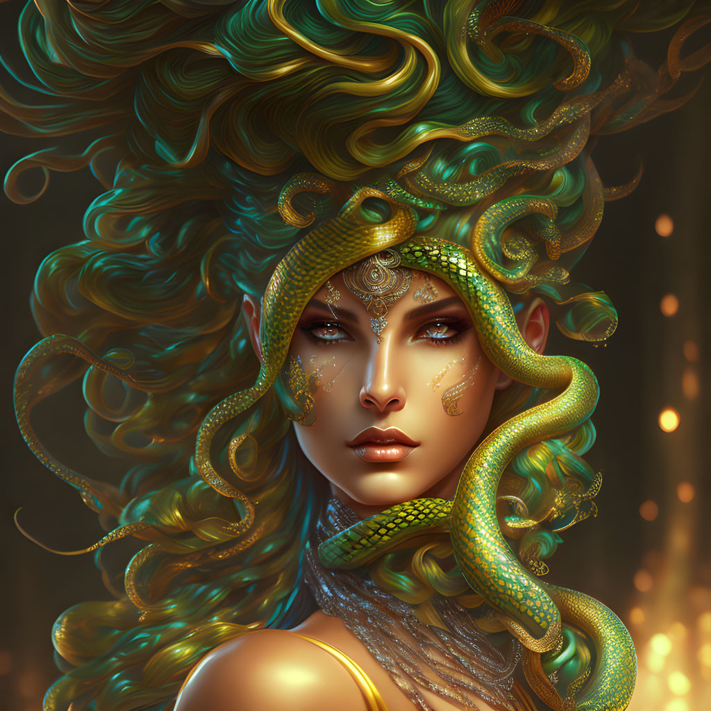 Fantasy portrait of woman with green serpentine hair and live snakes, ornate jewelry, golden
