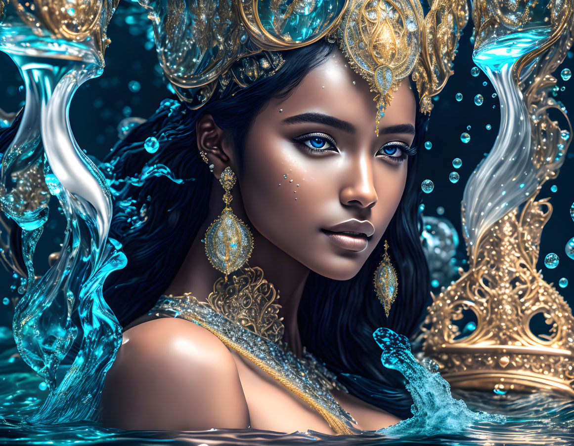 Regal woman with blue eyes in ornate gold jewelry and water elements on blue backdrop