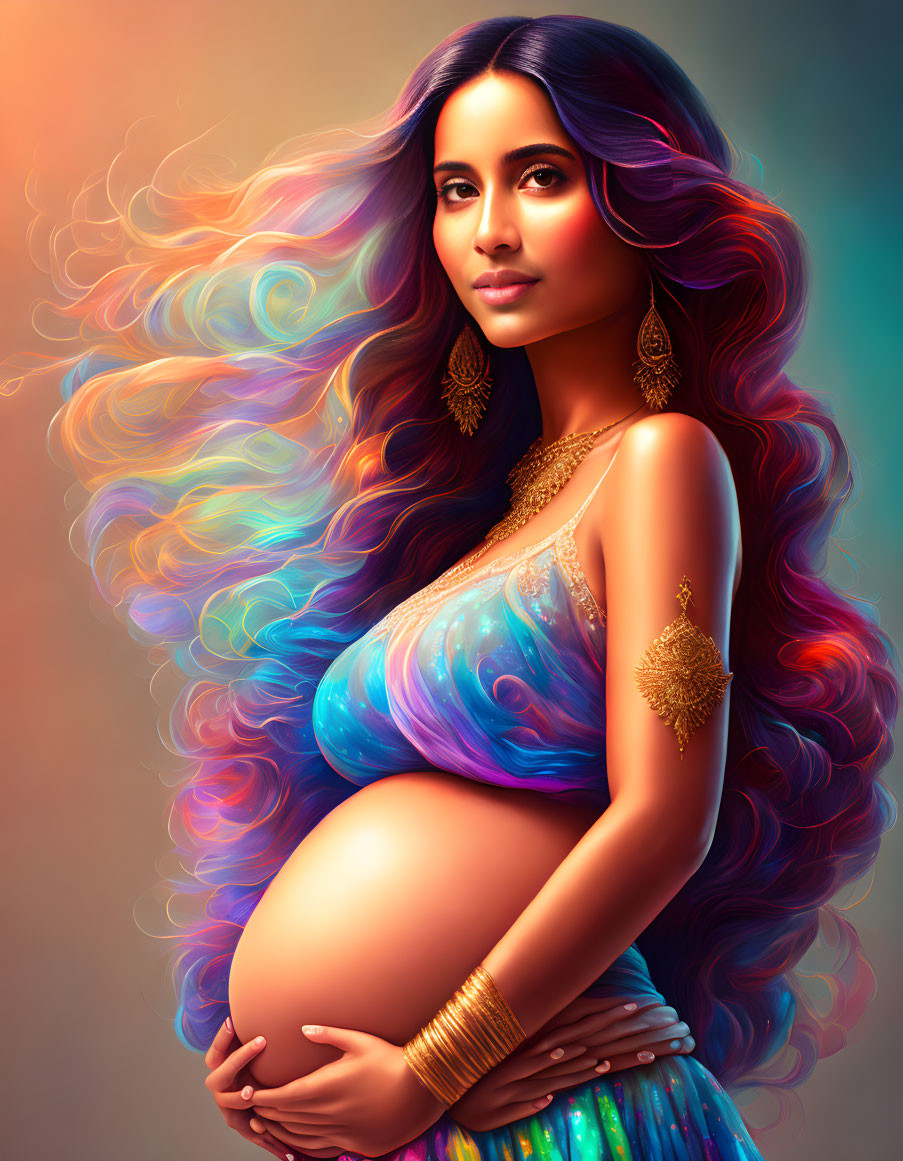 Colorful Digital Artwork: Pregnant Woman in Blue Saree with Flowing Hair & Gold