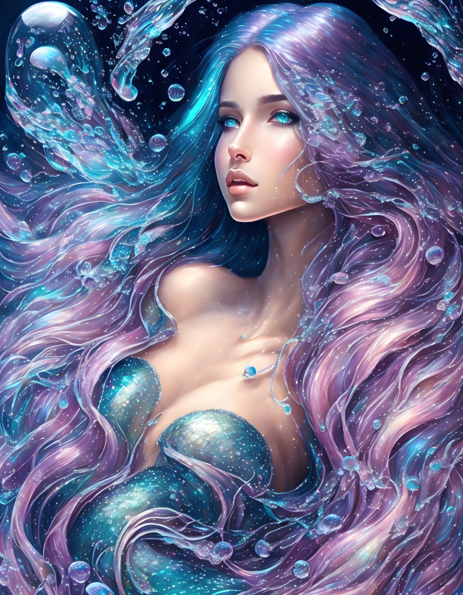 Fantasy Mermaid with Purple Hair and Turquoise Tail in Water Scene