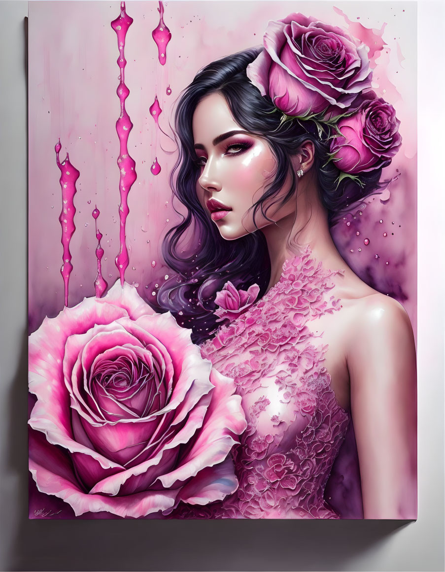 Dark-haired woman adorned with pink roses in a rose-themed artwork.
