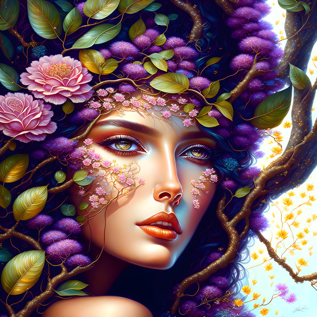 Colorful flowers and lush greenery adorn woman's face in digital artwork