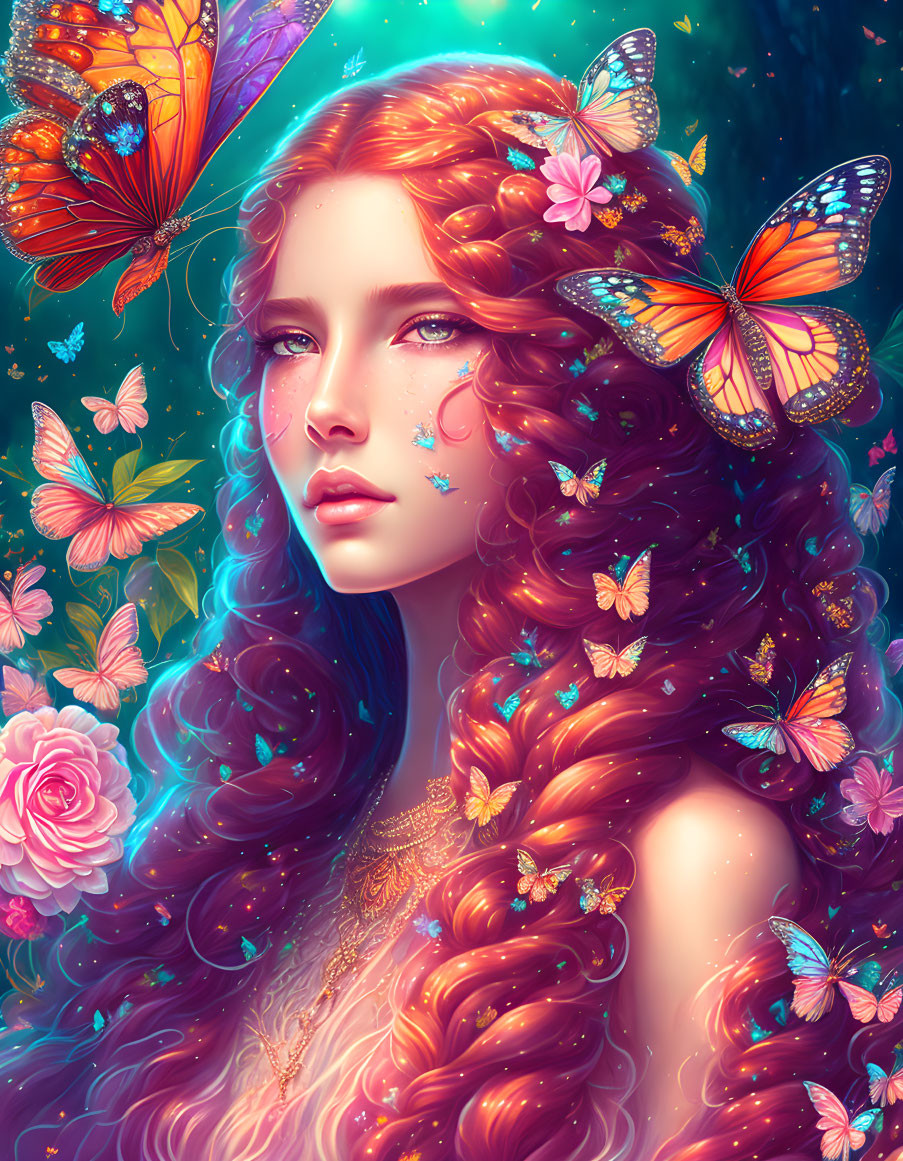 Fantasy illustration of woman with red hair, butterflies, flowers, and ethereal glow