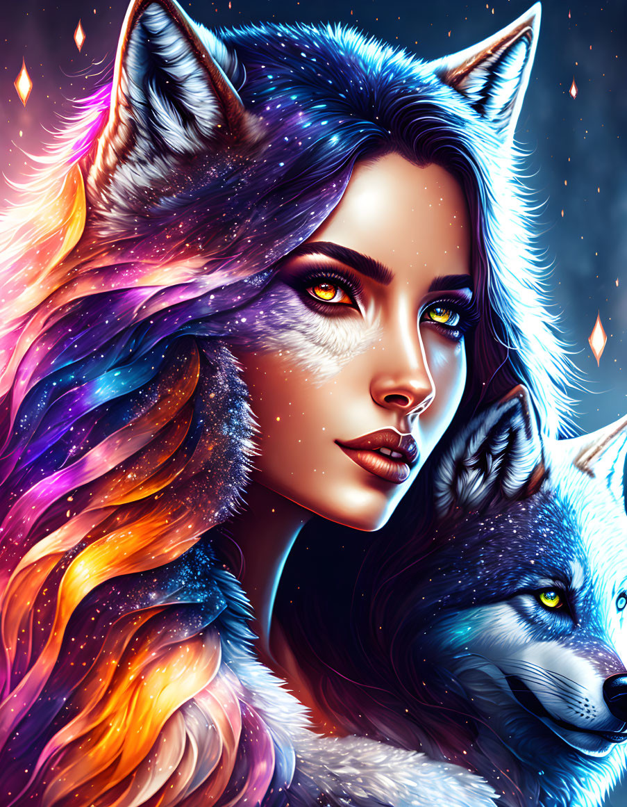 Digital artwork of woman with wolf-like features and real wolf against cosmic background