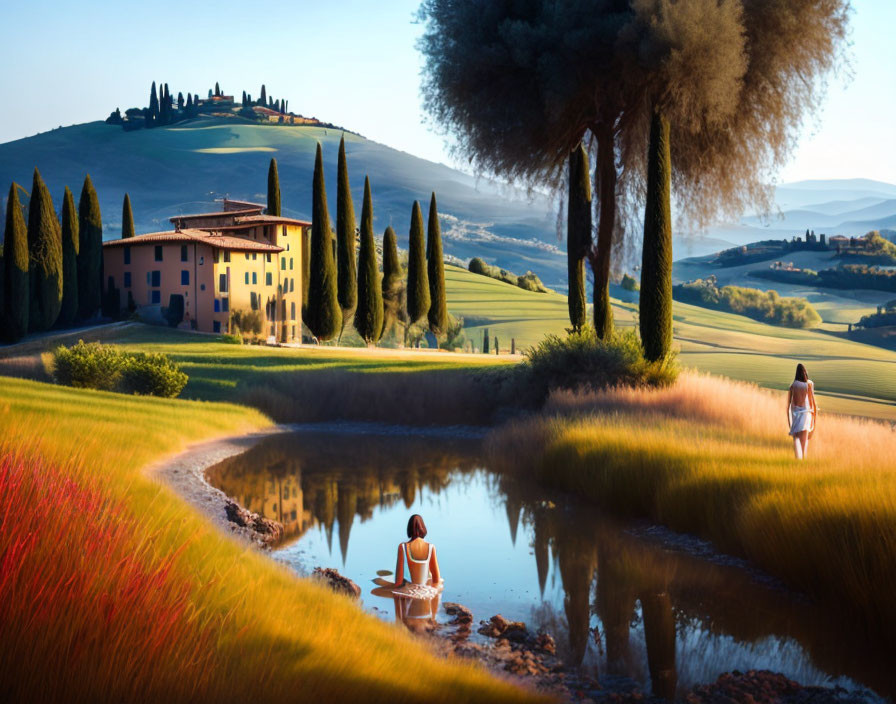 Bathing beneath the beautiful Tuscany landscape