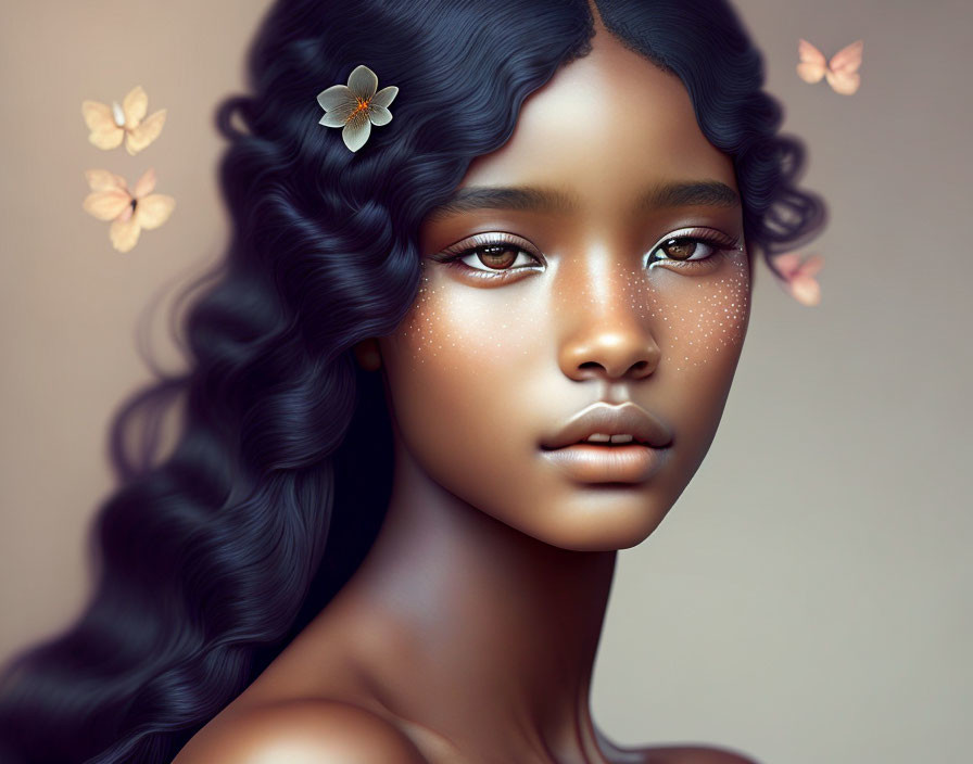 Dark wavy hair woman with flowers, freckles, and butterflies portrait
