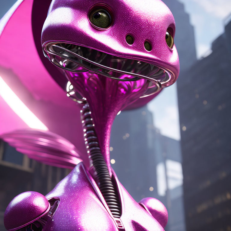 Purple anthropomorphic robot with long neck and friendly grin in cityscape