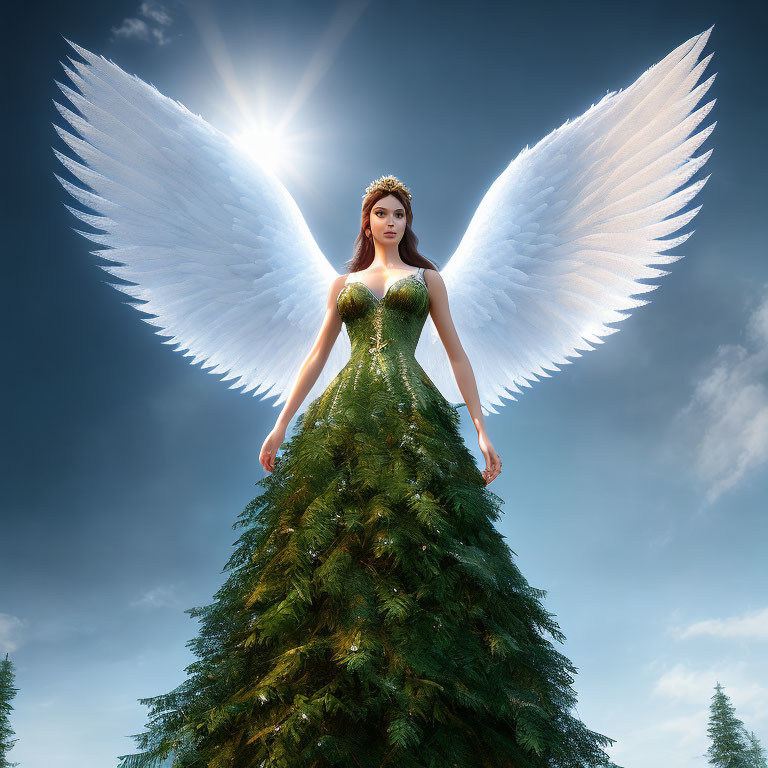 Digital art: Woman with angelic wings and pine tree gown in cloudy sky.