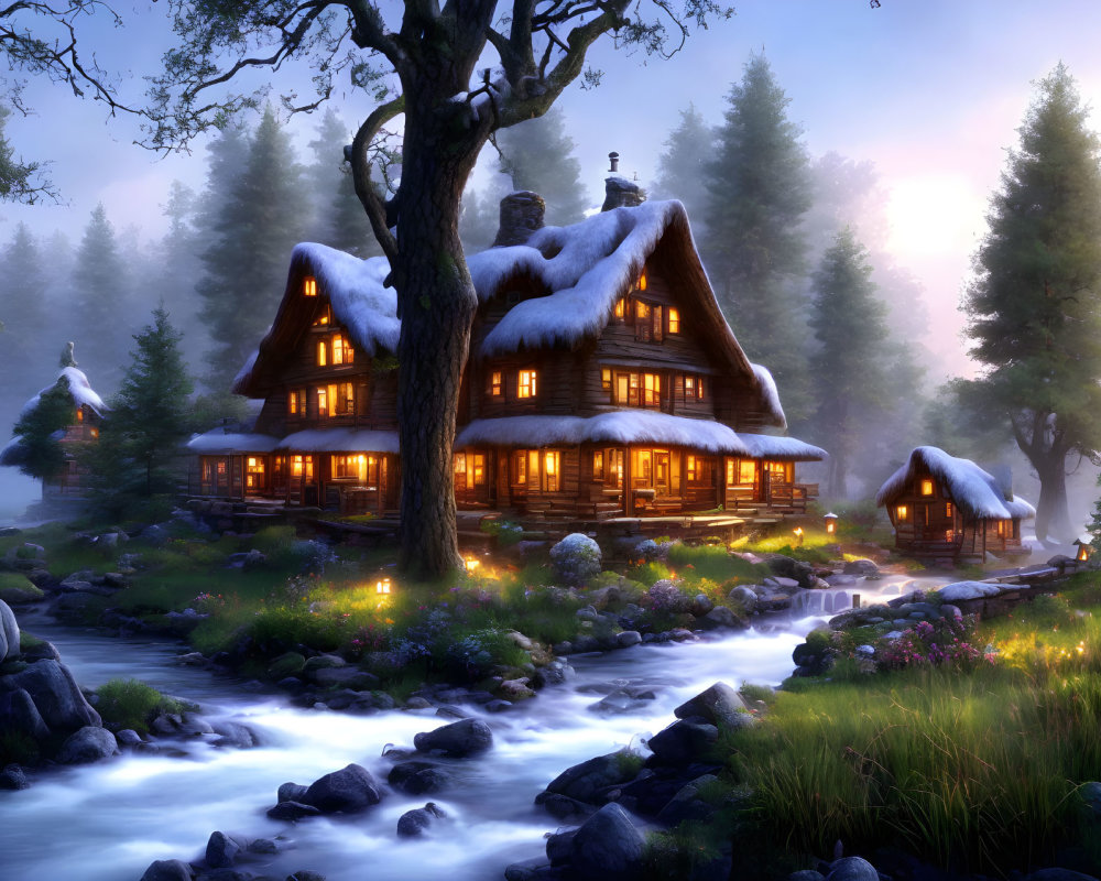 Snow-covered log cabin in serene twilight setting with babbling stream and lush greenery