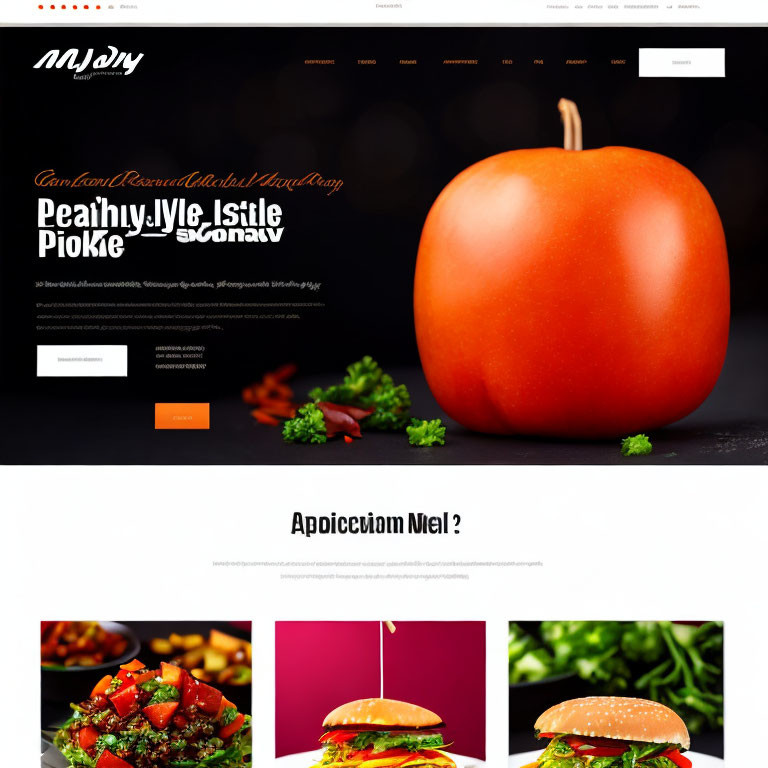 Webpage showcasing large tomato, black background, food ads for burgers, menu options, and logo.