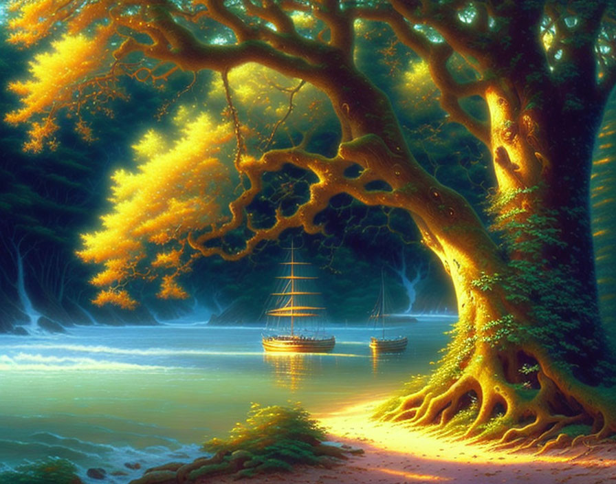 Sailboats under glowing tree by sunlit riverbank