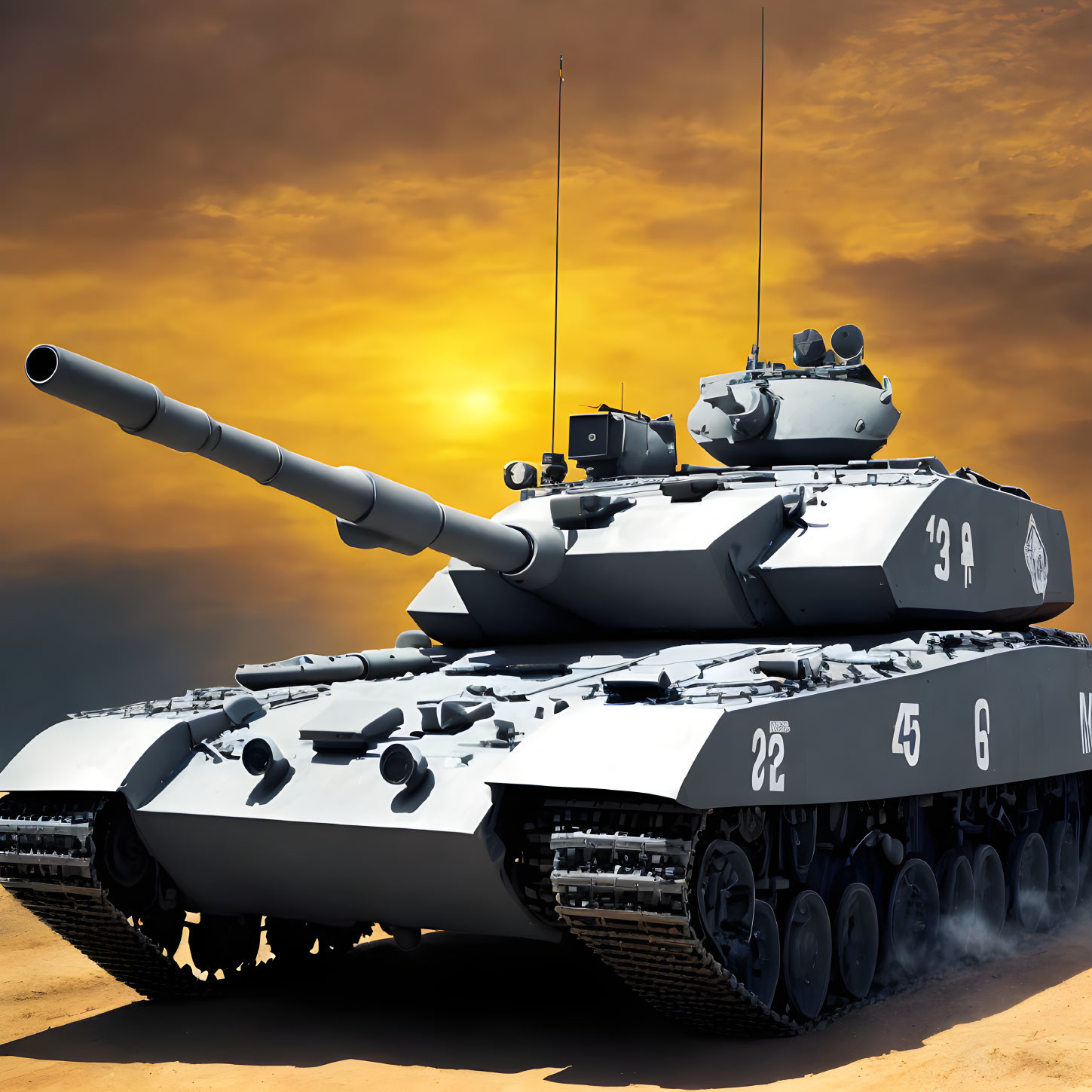 Military battle tank against dramatic sunset sky with white markings