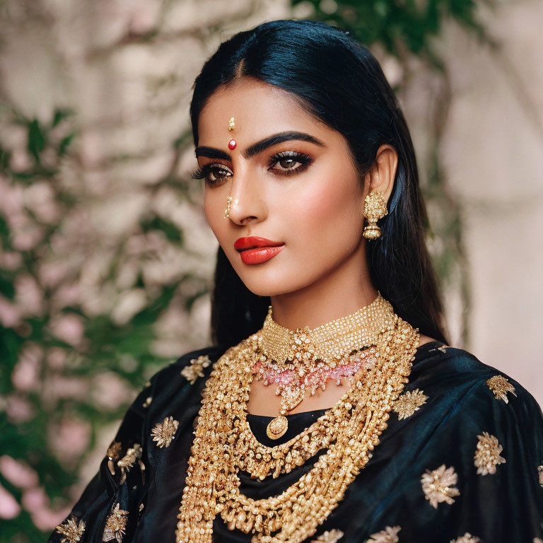 Traditional Indian Jewelry and Attire on Woman with Detailed Makeup