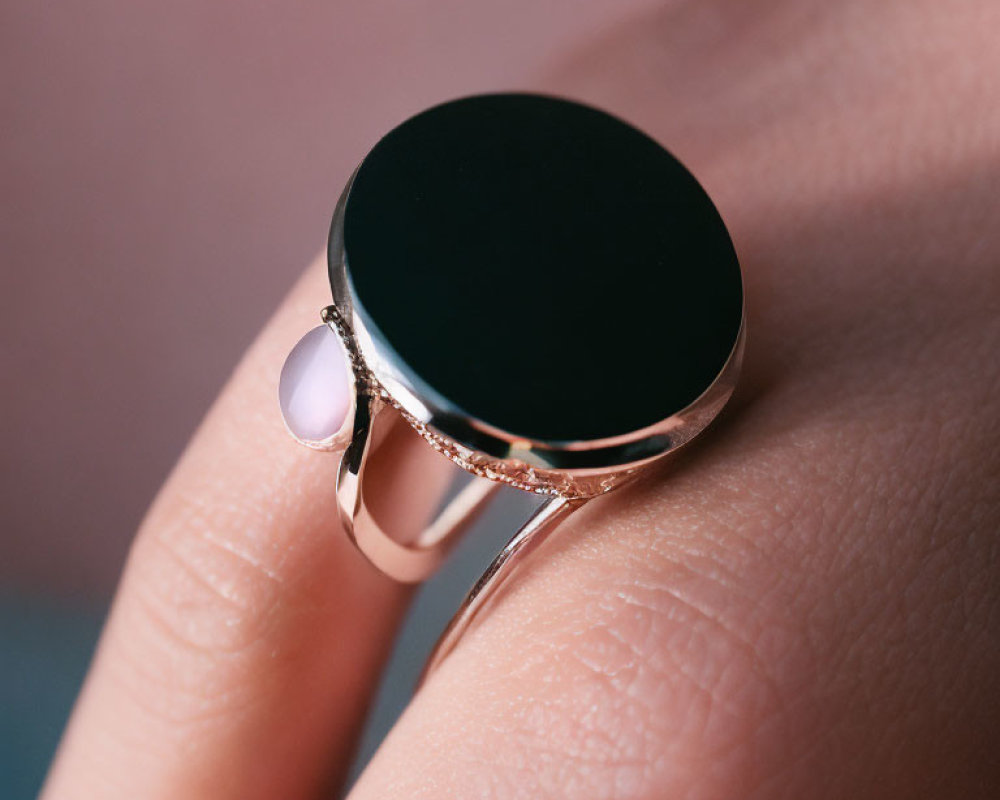 Rose Gold Ring with Large Black Gemstone & Opal Accent