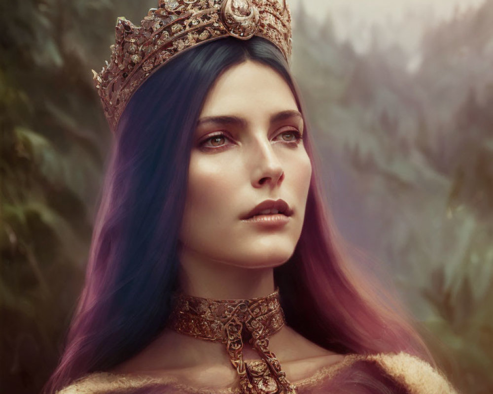 Regal Woman with Blue-Purple Hair and Golden Crown in Misty Forest